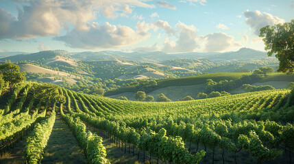 Sunlit Vineyard Rows in Lush Green Valley at Sunrise, Scenic Landscape
