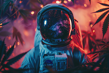 closeup astronaut in a white spacesuit and helmet surrounded by pink smoke and marijuana cannabis...