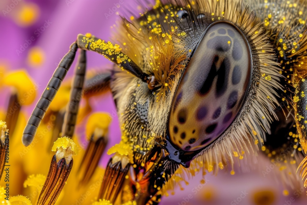 Aufkleber macro shot detailing the stunning and intricate features of a hoverfly pollinating on vibrant purple