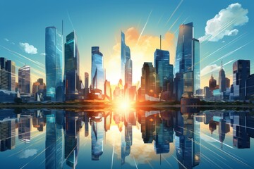 futuristic city with skyscrapers and reflections