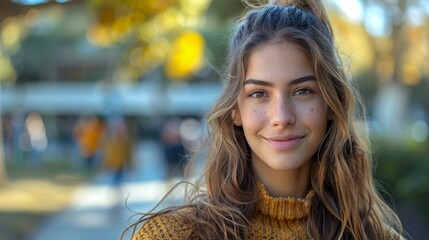 Fototapeta premium Beautiful young woman in yellow sweater smiling outdoors on sunny autumn day, golden leaves in background, portrait of joy and warmth.