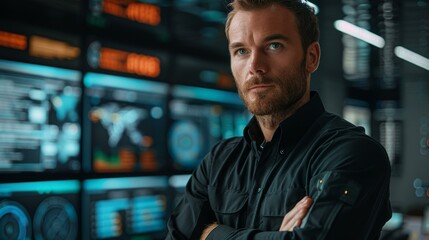 Confident man stands in high-tech control room, reflecting theme of futuristic operations and innovative technology, showcasing mood of readiness and professionalism.