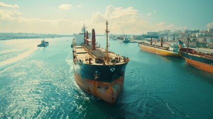 Obraz premium Stunning view of bustling cargo ships navigating through vibrant harbor under clear blue sky, reflecting global trade dynamics.