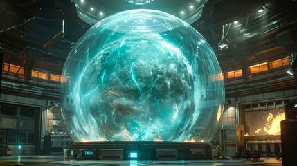 Impressive futuristic space control room with large holographic sphere, metallic structures, and glowing blue elements, evoking sci-fi innovation themes.