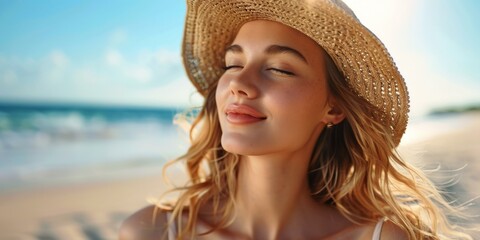 Beautiful woman in straw hat enjoying sunny beach day, vibrant blue ocean backdrop, summer holiday mood, joyful relaxation. Copy space.