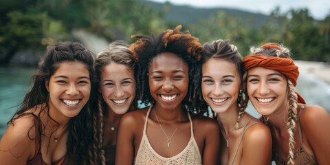Fototapeta premium Joyful gathering of five diverse friends smiling at tropical beach, evoking themes of friendship, summer vacations, and multicultural unity.
