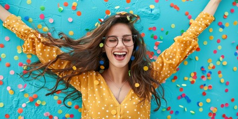 Joyful young woman celebrating with colorful confetti against vibrant blue background, festive mood evoking carnival or birthday party vibes.