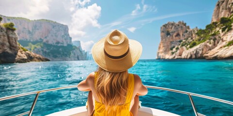 Stunning view of woman in straw hat exploring azure coastal waters on sunny day, evoking summer travel and ocean adventures.