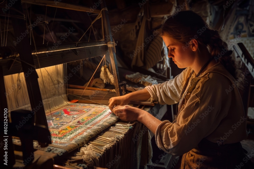 Poster in a rustic setting, an artisan skillfully weaves vibrant patterns on an old-fashioned loom, her fac