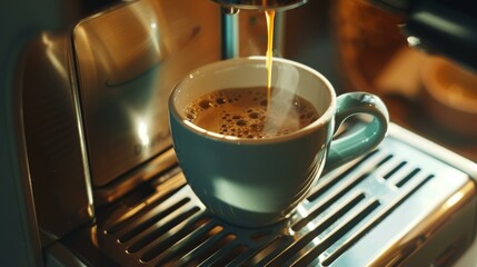 Inviting close-up of fresh coffee pouring into light blue cup from espresso machine, evoking cozy morning vibes in warm sunlight.