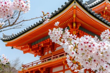Vibrant cherry blossoms frame a traditional Japanese temple with a bright orange facade