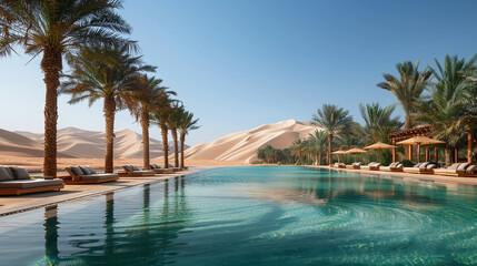 Fototapeta premium Luxury Oasis Poolside Retreat Beside Sweeping Sand Dunes Under Blue Sky