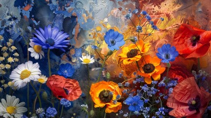 A chaotic arrangement of sunkissed daisies brilliant bluebells and delicate poppies..