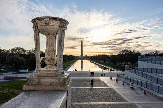 Early morning overlooking the reflecting pool from the lincon memorial out to the Washington Monument