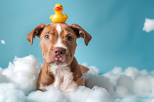 portrait cute brown dog pitbull with little yellow rubber toy bath duck on head and soap foam on blue background