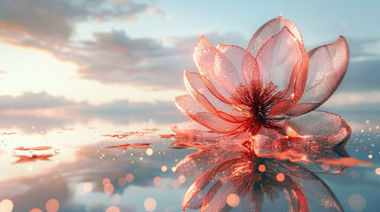 Glowing Pink Lotus Flower on Tranquil Water at Sunset Reflections