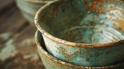 A close-up of stacked ceramic bowls showcasing a beautiful weathered turquoise texture with rustic charm