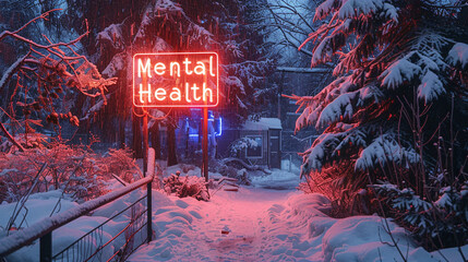 Snowy Winter Scene with Neon Mental Health Sign in Vibrant Red and Blue