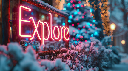 Winter Wonderland Explore Neon Sign Snowy Christmas Lights Scene