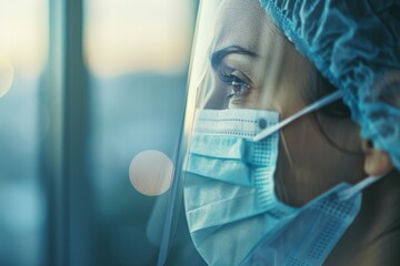 A masked individual commuting, reflecting on the bus window amidst the city lights