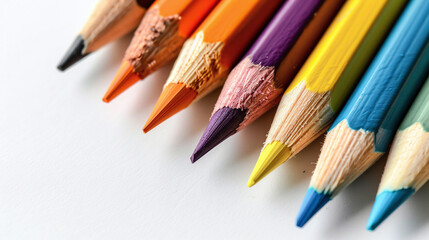 Fototapeta premium Brightly Colored Sharpened Pencils Arranged Diagonally on White Background