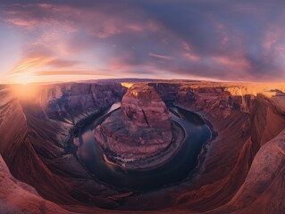 A panoramic view captures a breathtaking sunset over the iconic Horseshoe Bend with vibrant colors in the sky.