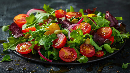 Fresh Mixed Greens Salad with Tomatoes and Onion Slices on Dark Table