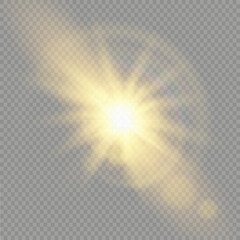 Bright Star. Transparent shining sun, bright flash. Sparks glitter special light effect. Sparkling magic dust particles. Vector illustration.