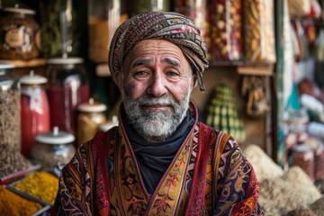 An elderly man with a warm expression in richly textured traditional clothing