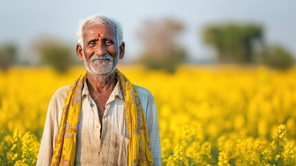 Indian farmer standing at mustard agriculture field - Powered by Adobe