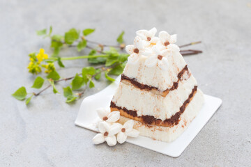 Modern Cottage Cheese Easter dessert with cookies and cocoa in the form of tiramisu. Decorated with white marshmallow flowers. With birch twigs. On a plate. Close-up