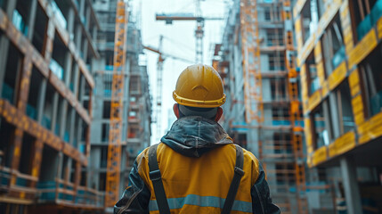 Construction Worker Inspecting Large Urban Site with Cranes and Scaffolding