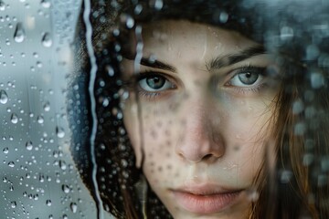 The melancholic gaze of a woman peers through a rainy window, conveying a sense of longing or deep thought