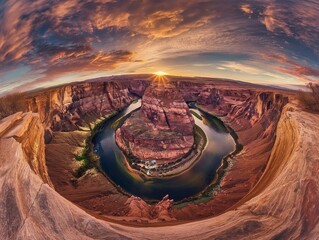 Expansive panoramic view of a stunning river canyon with a radiant sunset in the backdrop.