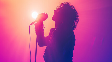 Silhouette of female singer performing in vivid pink stage light