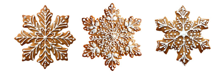 Set of three snowflake shape ginger bread cookies decorated with white frosting isolated on transparent PNG background, for Christmas snack, cards, cookies.