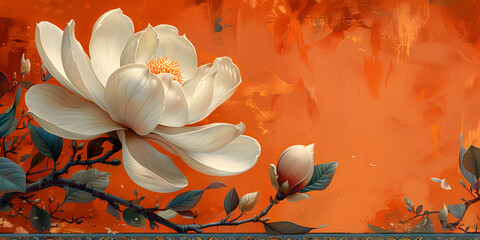 Captivating Magnolia Floral Illustration with Intricate Details and Warm Orange Tone