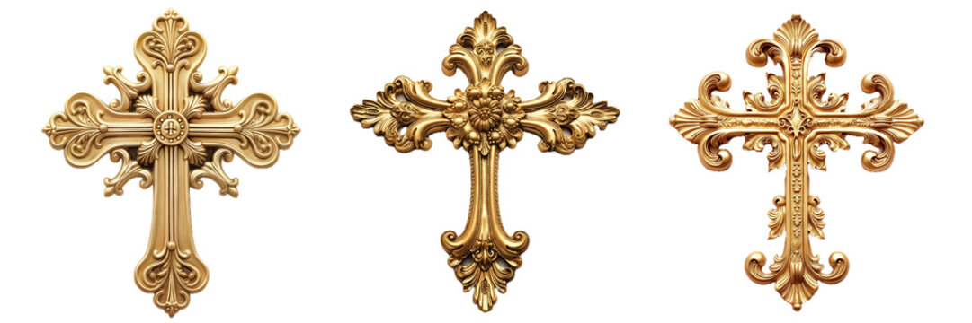 Set of three vintage golden cross isolated on transparent PNG backgrounds.