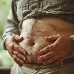 Man holding his belly with his hands, obese, unhealthy lifestyle.