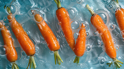 Fresh Orange Carrots Soaked in Water with Air Bubbles Vibrant Healthy Food - obrazy, fototapety, plakaty