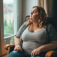 Depressed lonely fat woman sitting and looking through the window at home.