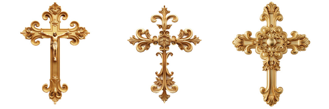 Set of three vintage golden cross isolated on transparent PNG backgrounds.