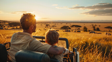 Sunset Safari Adventure Father and Son Watching Wildlife Golden Hour Light