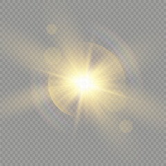 Bright Star. Transparent shining sun, bright flash. Sparks glitter special light effect. Sparkling magic dust particles. Vector illustration.