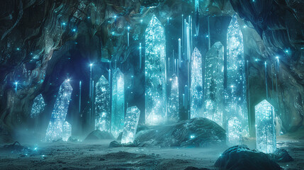 Ethereal Blue Crystal Cave with Radiant Light Beams in Mystical Setting