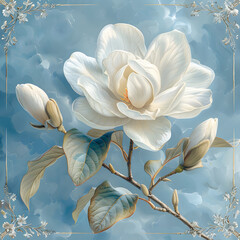 Enchanting Magnolia Blooms on White Watercolor Canvas - Illustration