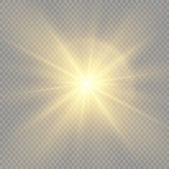 Bright Star. Transparent shining sun, bright flash. Sparks glitter special light effect. Sparkling magic dust particles. Vector illustration.