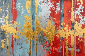 The abstract picture of the gold, blue and red colours that has been painted or splashed on the white blank background wallpaper to form the random shape that cannot be describe yet beautiful. AIGX01.