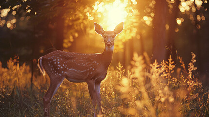 Golden Sunset and Young Deer in Lush Forest Meadow Light