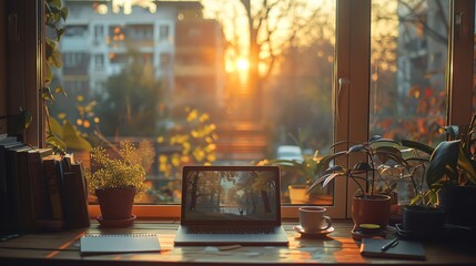 Remote work setup with a view, close-up on a laptop, coffee, and notes, morning light spilling over